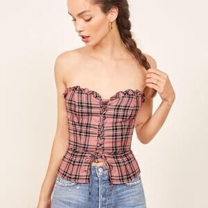 Reformation Womens Catania Plaid Linen Corset Top Bel Air Pink Black Size 8